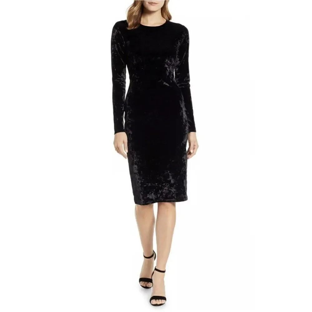 MICHAEL KORS Panne Velvet Sheath Black bodycon knee Dress long sleeve xxs
